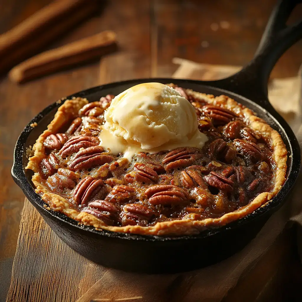 Freshly baked pecan pie cobbler in a cast-iron skillet with a scoop of vanilla ice cream.