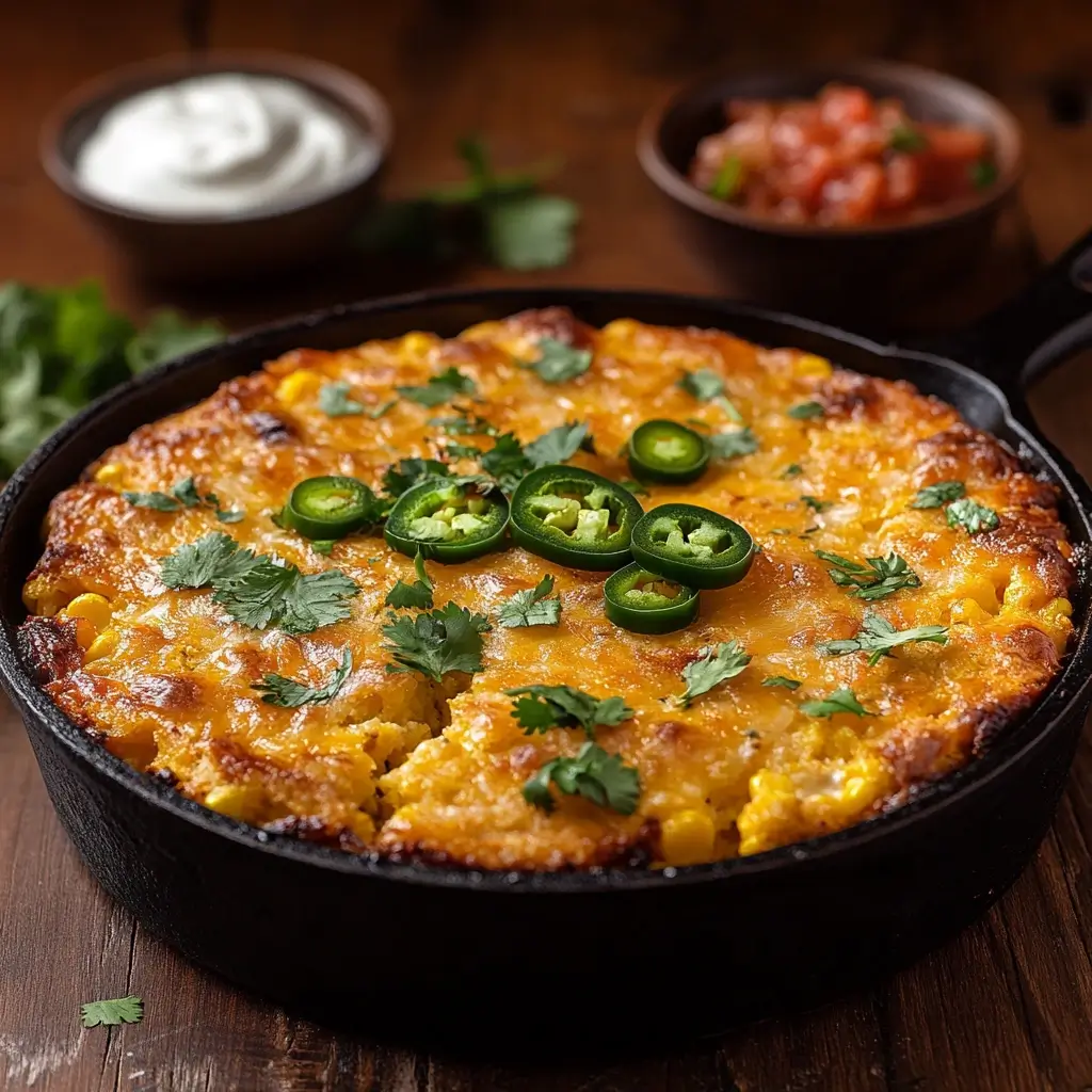 Mexican Cornbread Casserole with melted cheese and jalapeños