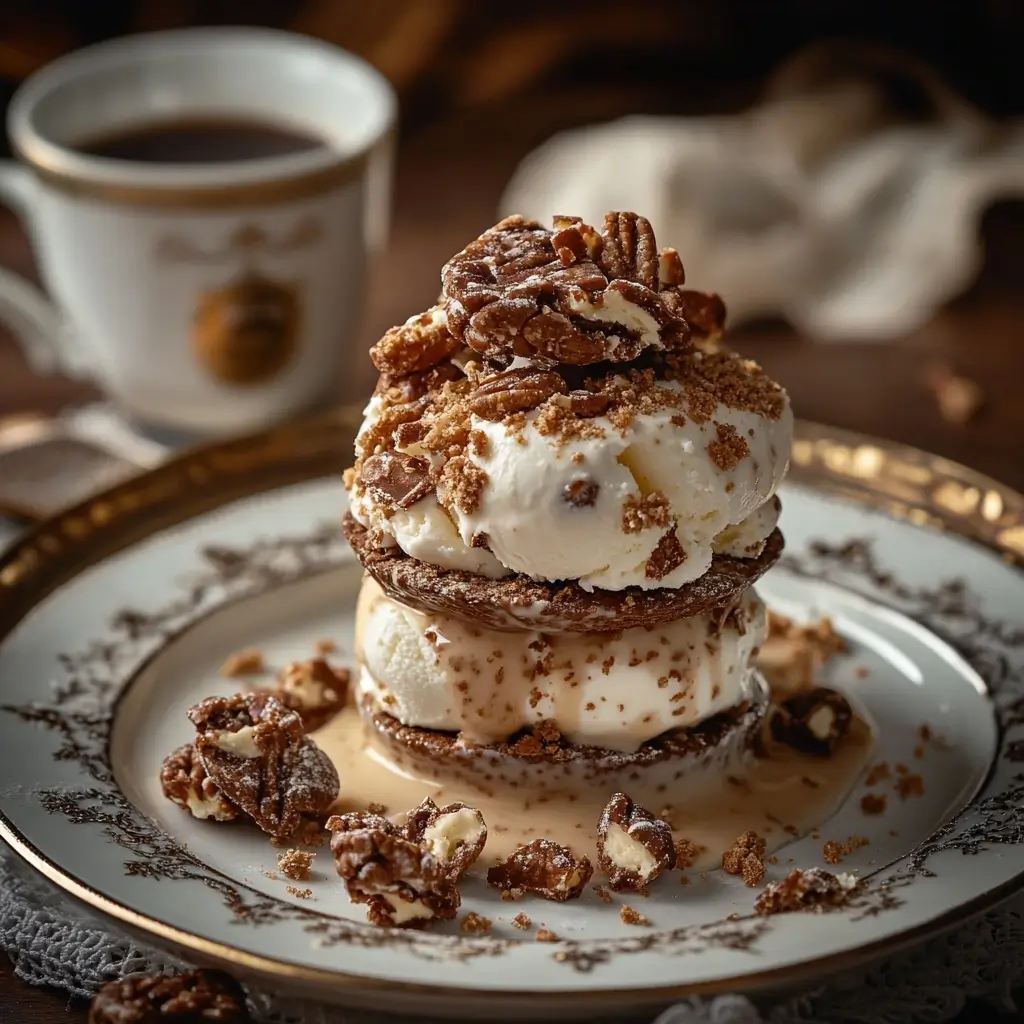 Plated pralines with vanilla ice cream and coffee in the background.